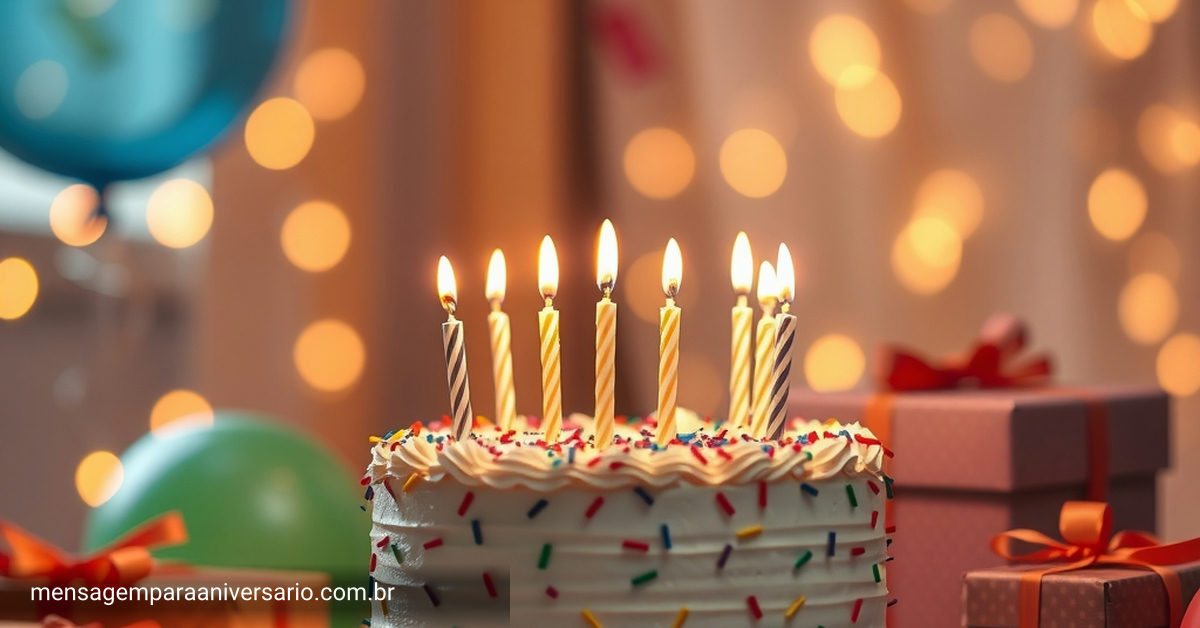 Cena festiva de aniversário com bolo, velas, balões, confete e presentes.