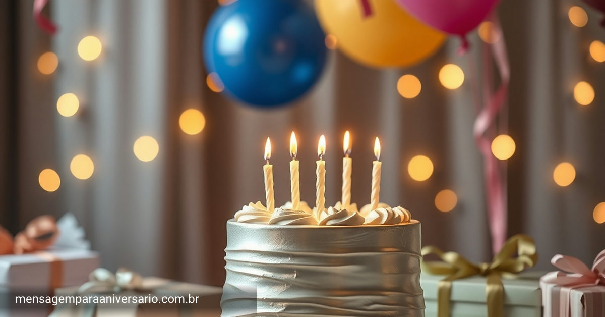 Uma cena festiva com um bolo de bodas de prata, velas, balões, confetes e um ambiente decorado com presentes.