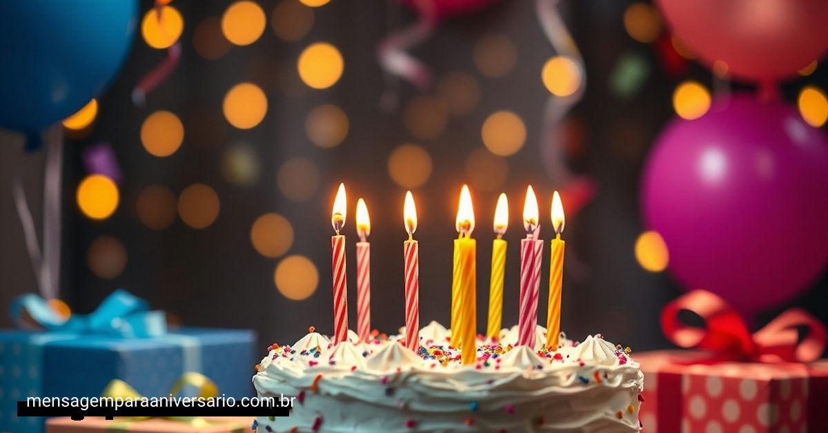 Uma linda composição de aniversário com um bolo decorado, balões vibrantes, velas acesas, confete colorido e presentes, em um ambiente iluminado.
