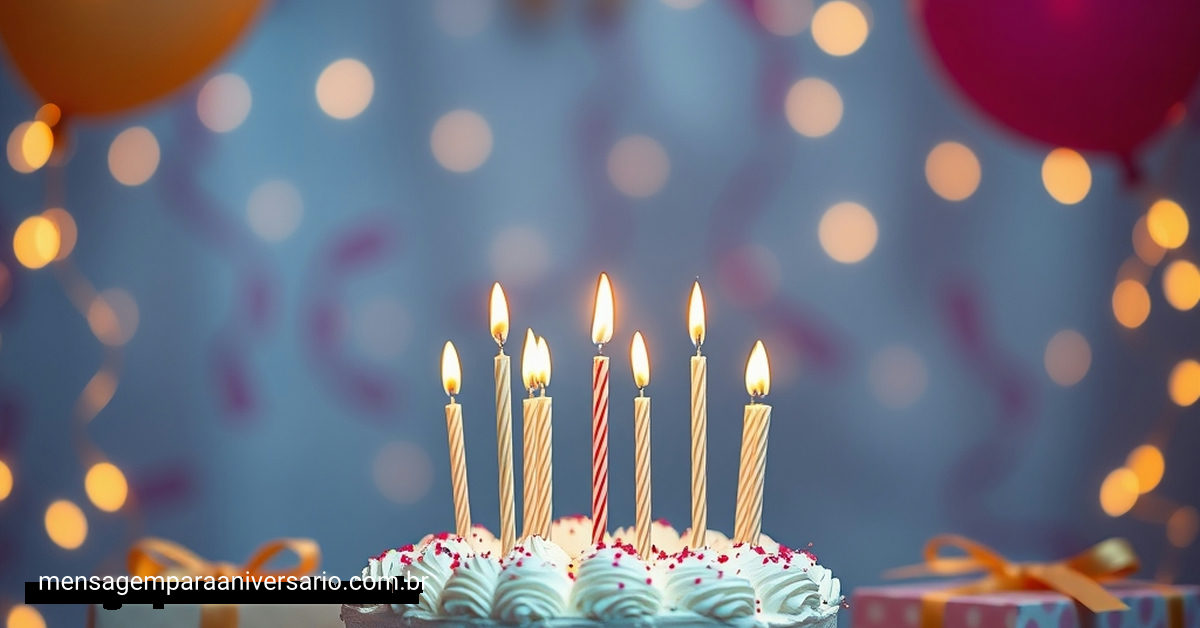 Cena festiva de aniversário com bolo, velas, balões, confete e luzes bokeh.