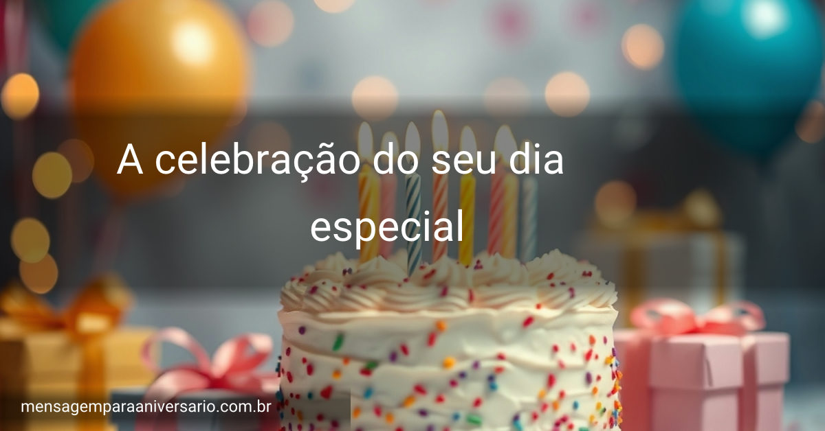 Cena festiva de aniversário com bolo, velas, balões, confete e presentes.