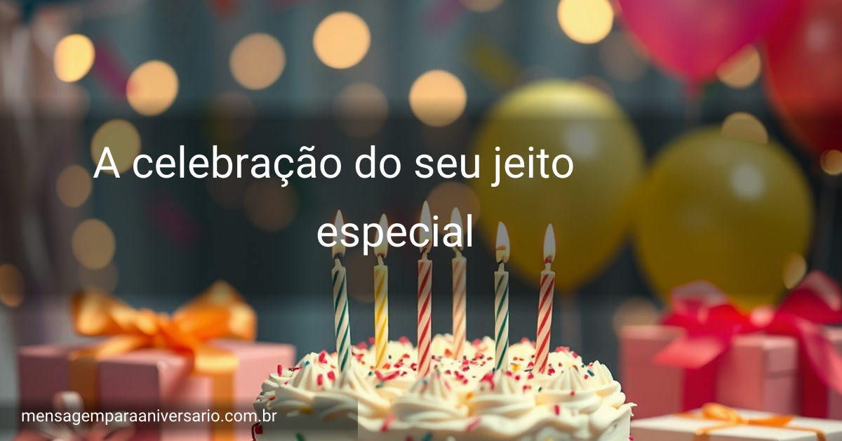 Uma cena de festa de aniversário com bolo, velas, balões coloridos, confetes e presentes, rodeados por luzes difusas.