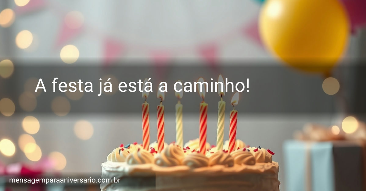 Cena festiva com bolo de aniversário, velas acesas, balões coloridos, confetes e presentes decorativos.