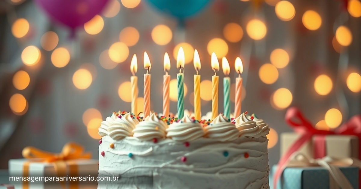 Uma cena festiva de aniversário com bolo, velas, balões, confete e luzes bokeh.