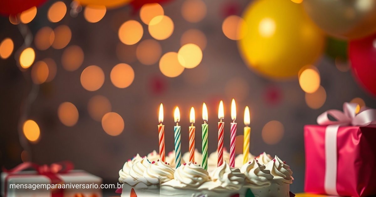Uma cena festiva de aniversário com bolo, velas, balões, confetes e presentes.