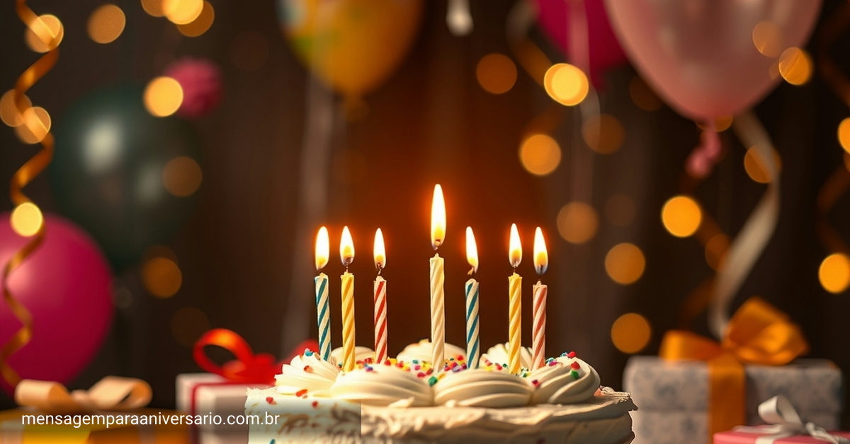Cena festiva de aniversário com bolo, velas, balões e confetes.