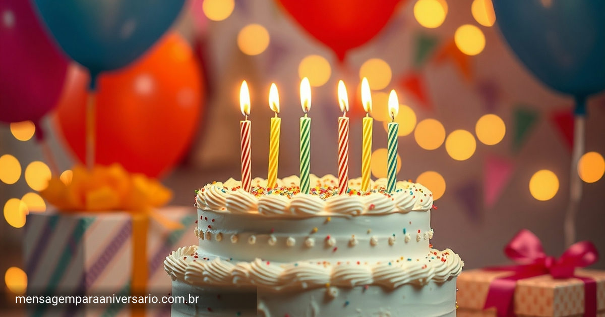 Cena festiva de aniversário com um bolo de aniversário decorado, velas acesas, balões coloridos e confetes ao redor.