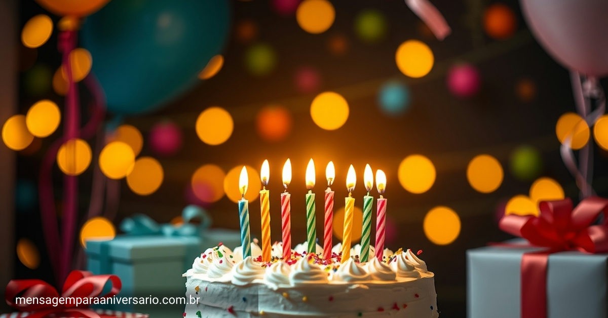 Cena festiva de aniversário com bolo decorado, velas acesas, balões coloridos, confete e luzes bokeh.