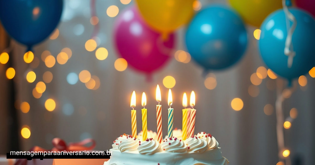 Cena encantadora de celebração de aniversário com balões, bolo, velas e luzes cintilantes.