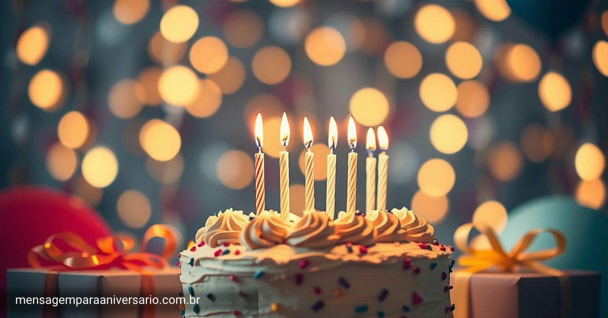 Cena festiva com um bolo de aniversário decorado, velas acesas, balões coloridos, confete espalhado, presentes e luzes bokeh.