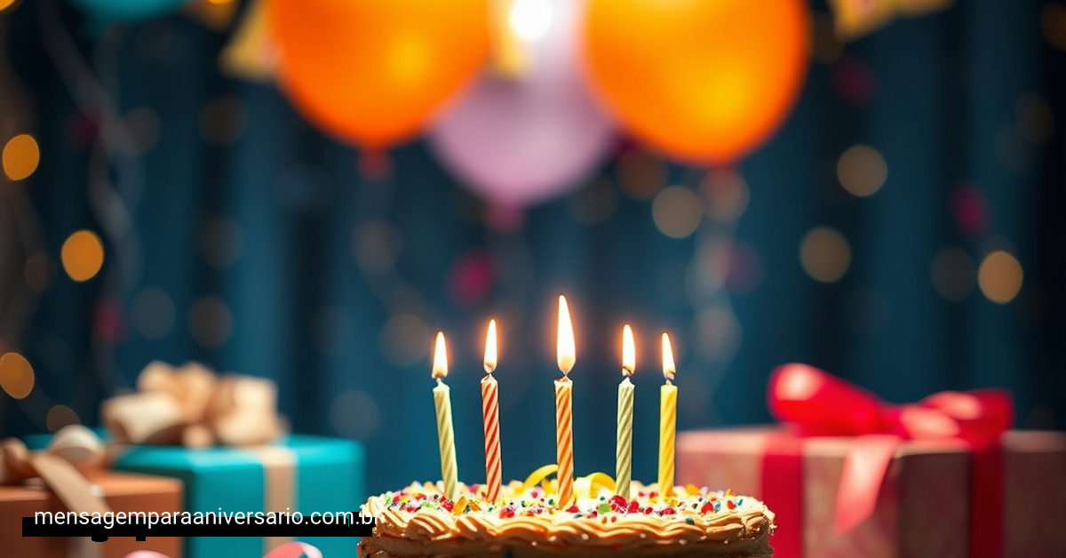 Cena festiva de aniversário com bolo, velas, balões, confete e presentes.