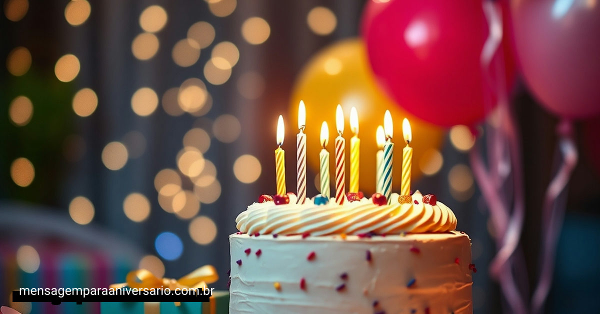 Uma cena aconchegante de celebração de aniversário com um bolo lindamente decorado, luzes cintilantes e balões coloridos.