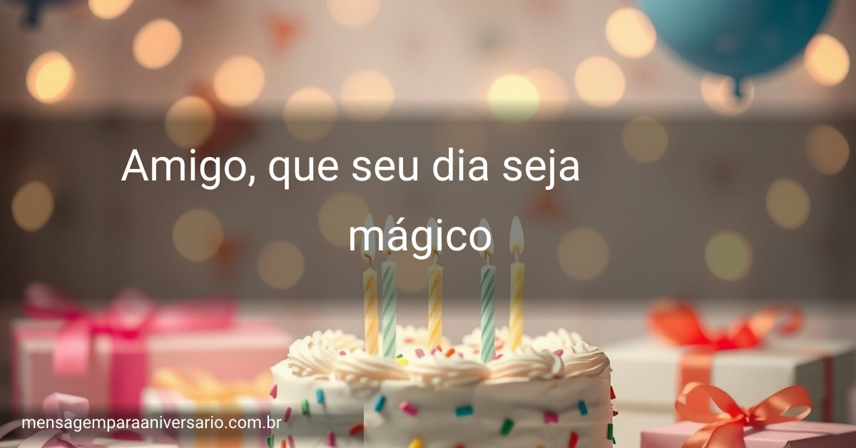 Uma mesa festiva com um bolo de aniversário, velas, balões variados, confetes coloridos e presentes decorativos.