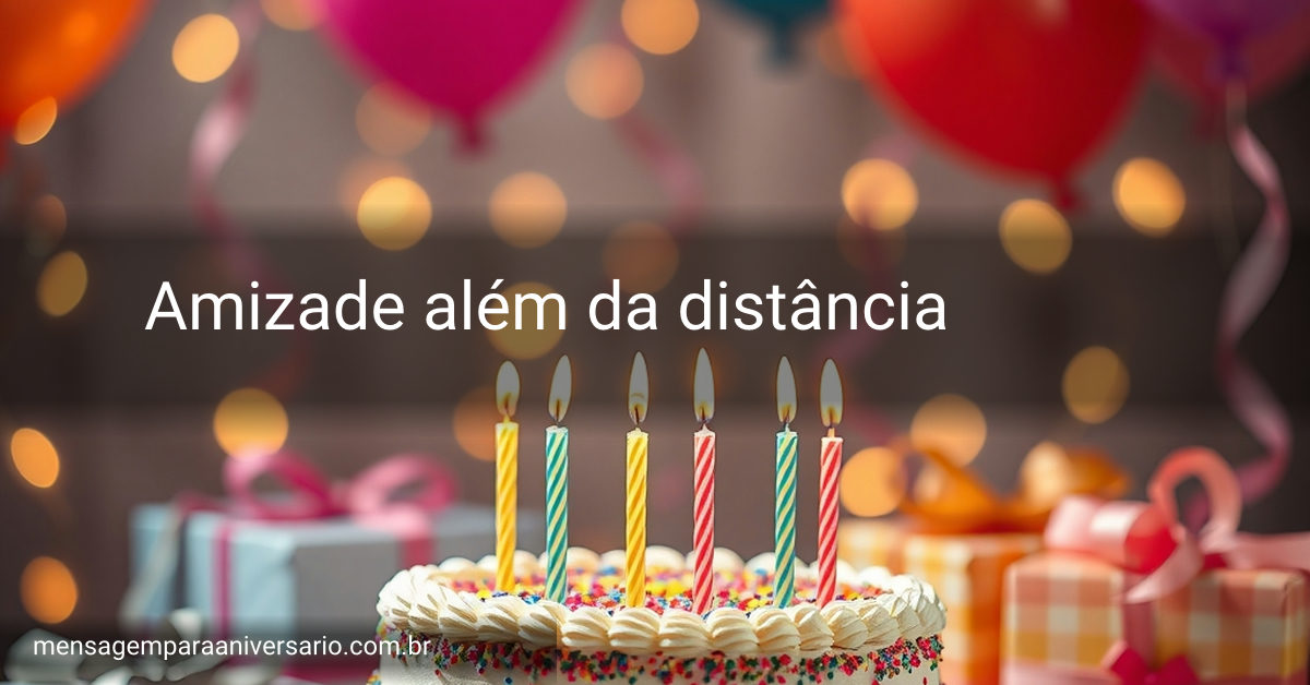 Cena festiva de aniversário com bolo, velas, balões coloridos, confete e presentes.