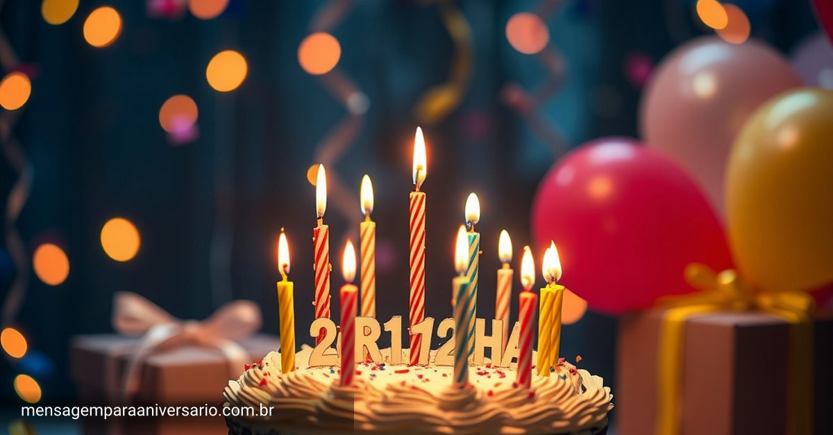 Cena festiva com bolo, velas coloridas, balões, confetes e luzes desfocadas.