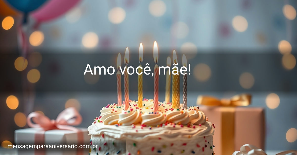 Mesa de aniversário decorada com bolo, balões e presentes.