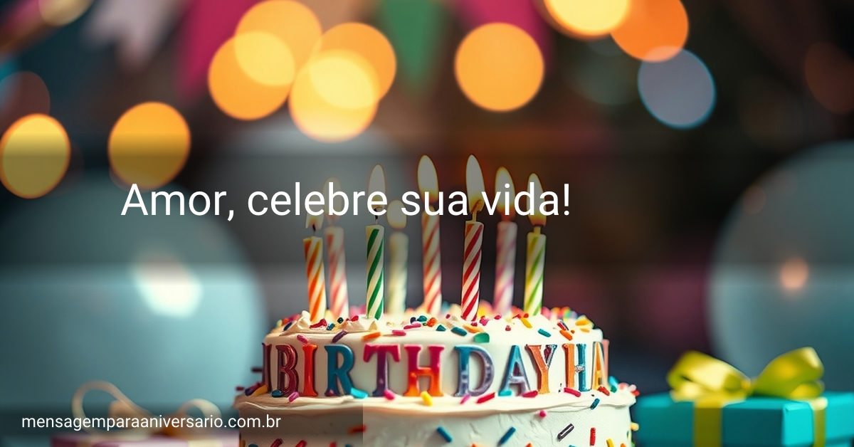 Uma cena festiva de aniversário com um bolo colorido, velas acesas, balões coloridos, confetes e luzes bokeh, sem pessoas.