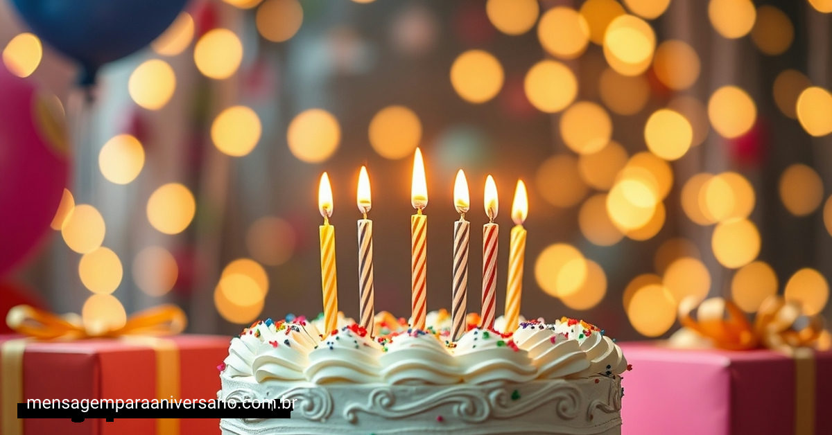 Mesa decorada com bolo de aniversário, velas acesas, balões coloridos e confete.