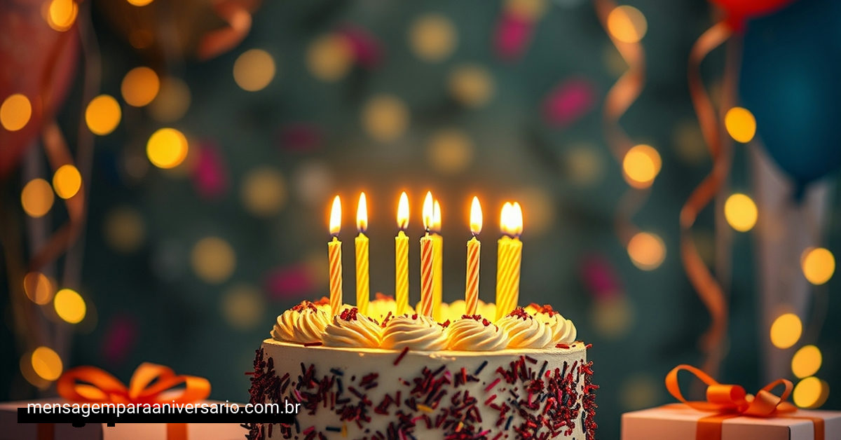Cenário festivo de aniversário com presentes, balões e luzes brilhantes.