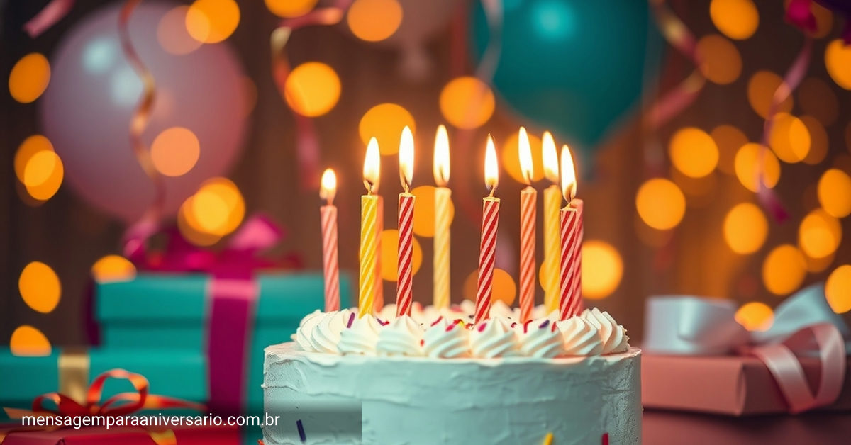 Cena festiva de aniversário com bolo, velas, balões coloridos, confetes e luzes desfocadas.