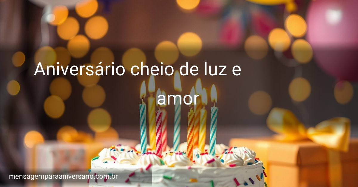 Cena de festa de aniversário com um bolo colorido, velas, balões, confetes, presentes e luzes bokeh.