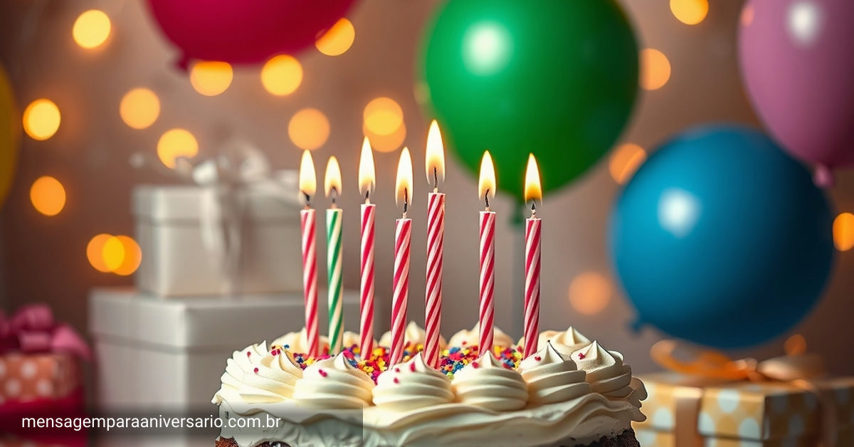 Cena festiva de aniversário com bolo, velas, balões, confete e presentes.
