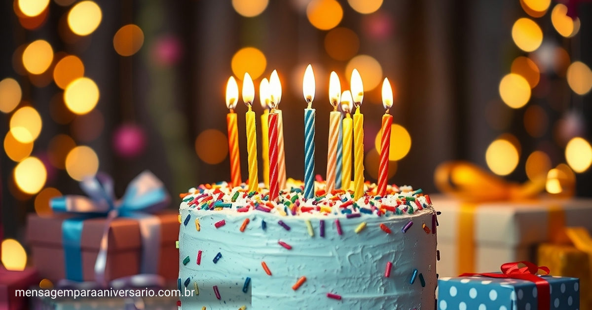 Cena festiva de aniversário com bolo colorido, velas, balões, confetes e presentes.