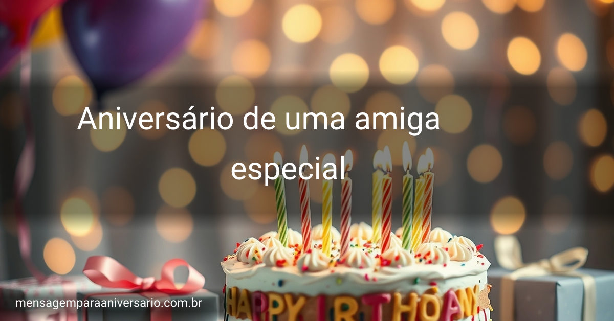 Uma cena festiva de aniversário com um bolo colorido, velas acesas, balões, confetes e luzes brilhantes.