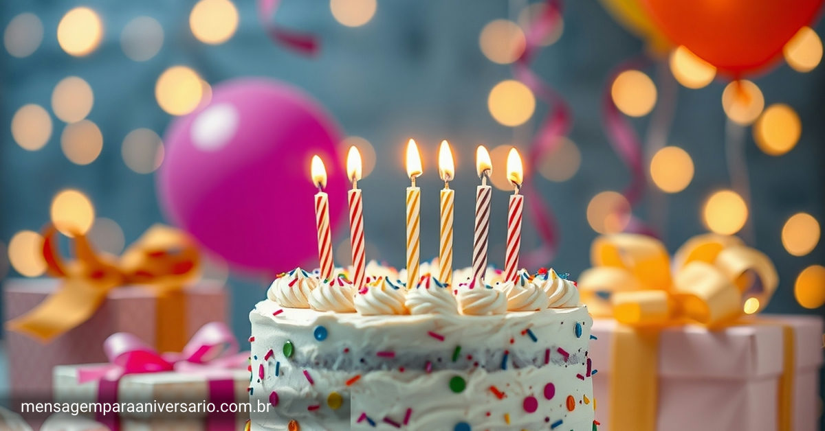 Cena festiva de aniversário com bolo, velas, balões, confetes e presentes.