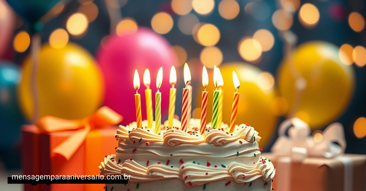Cena festiva de aniversário com bolo decorado, velas acesas e balões.
