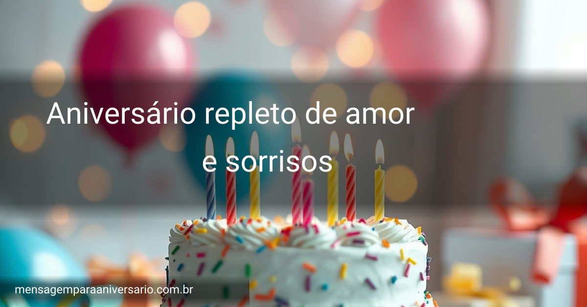 Cena festiva de aniversário com bolo colorido, velas acesas, balões e confetes.