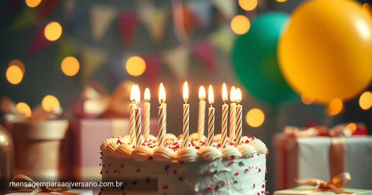 Uma mesa festiva com um bolo fresco, velas acesas, balões flutuando e presentes decorados.