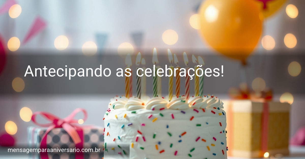 Uma mesa decorada para festa de aniversário, com bolo, velas acesas, balões coloridos e confetes espalhados.