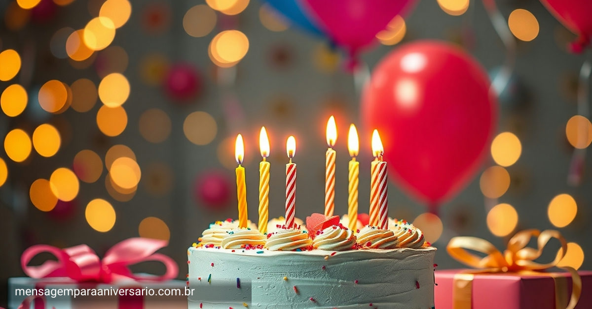Cena festiva de aniversário com bolo, velas, balões, confete e presentes.