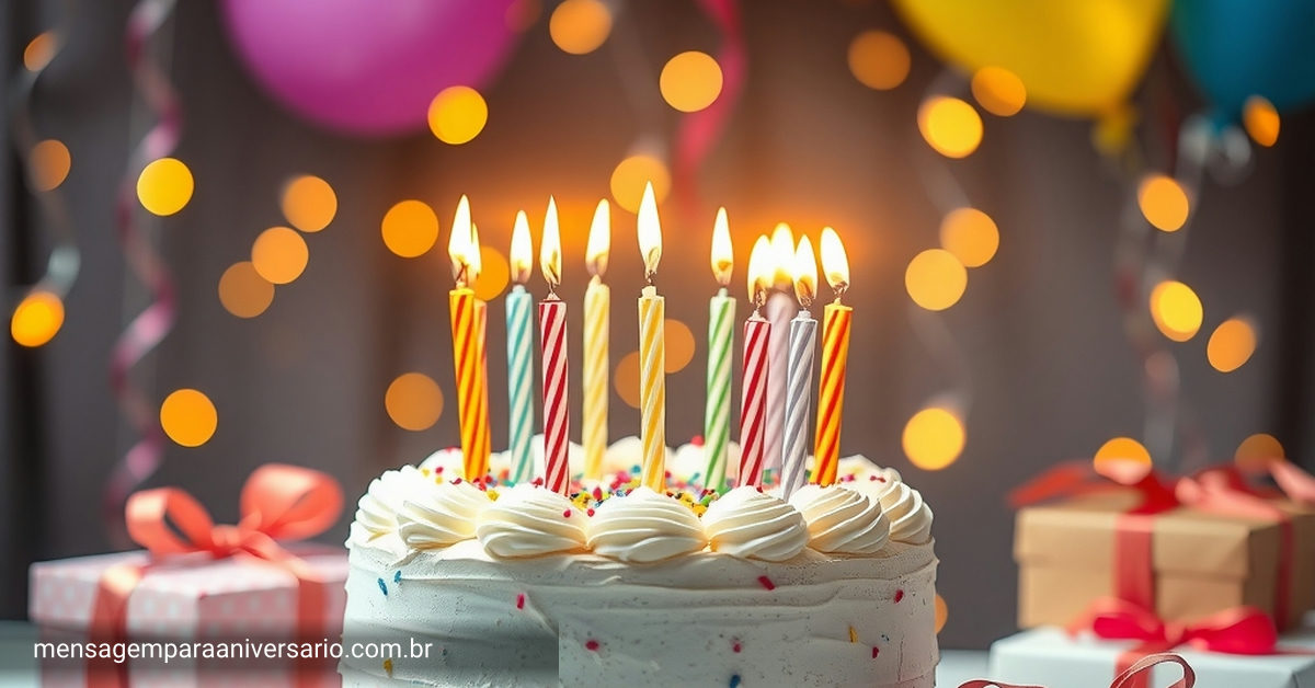 Cena festiva de aniversário com bolo, velas, balões, confetes e presentes.