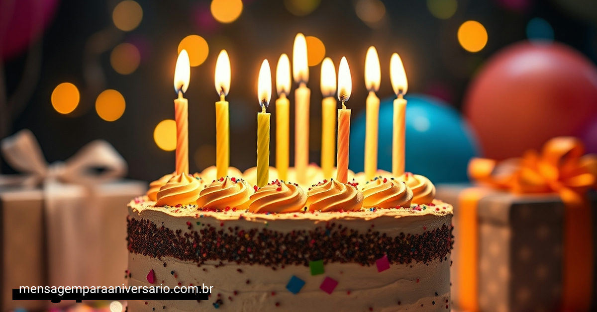 Um bolo de aniversário decorado com velas, rodeado de luzes suaves e confetes coloridos.