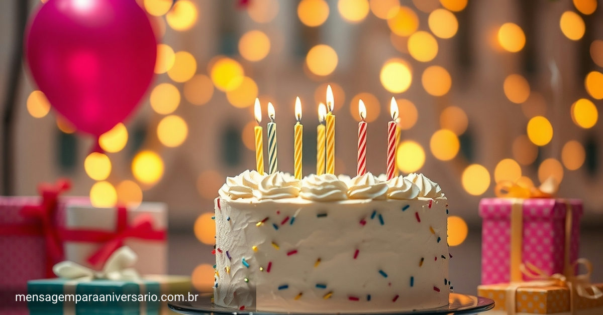 bolo de aniversário elegante em uma mesa decorada, com balões, luzes bokeh quentes e confete festivo.