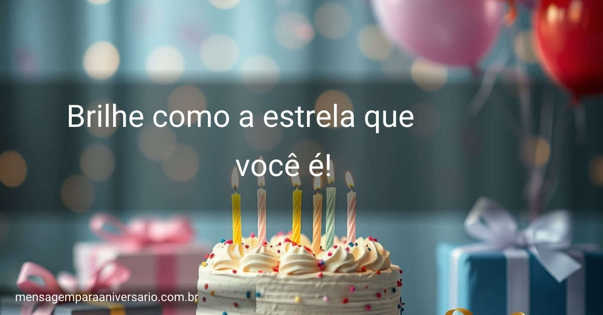 Cena festiva de aniversário com bolo decorado, velas acesas, balões coloridos, confete espalhado e presentes diversos.