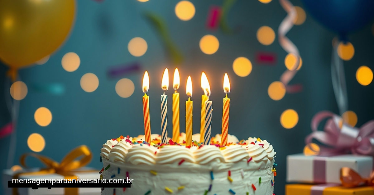 Uma linda mesa de aniversário com um bolo, velas, balões festivos, confete e presentes, em um ambiente alegre e iluminado.