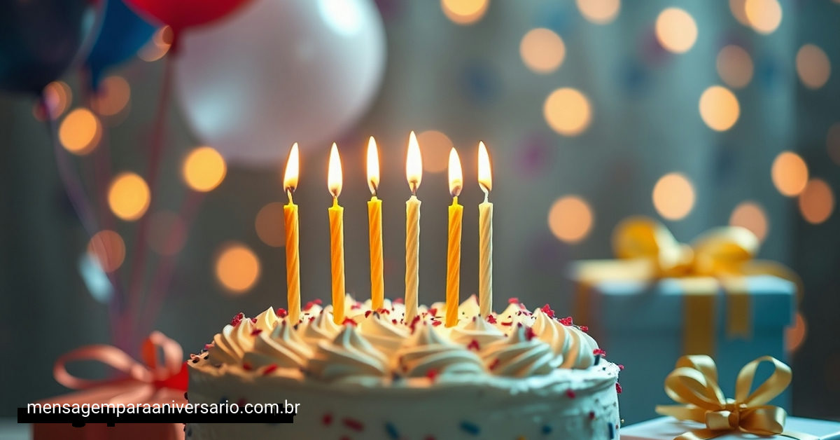 Cena festiva de aniversário com bolo, velas, balões e presentes.