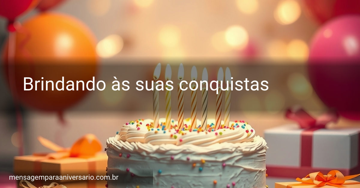 Cena festiva de aniversário com bolo, velas, balões, confete e presentes.
