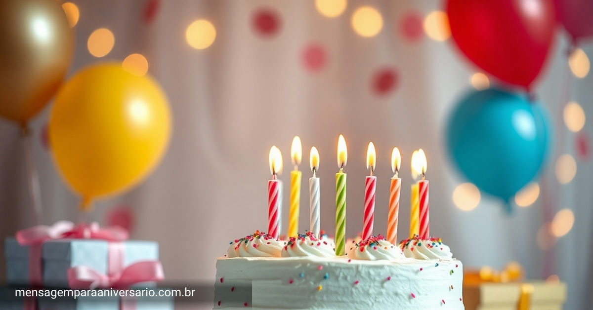 Cena festiva de aniversário com bolo colorido, velas, balões, confete espalhado e luzes bokeh.