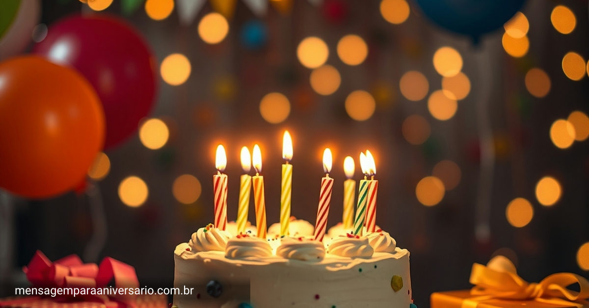 Uma cena festiva de aniversário com bolo, velas, balões, confete, presentes e luzes em bokeh.