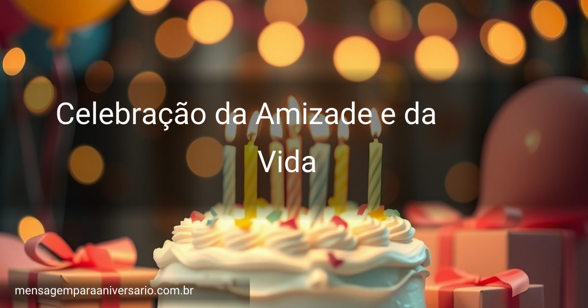 Cena festiva de aniversário com bolo, velas, balões coloridos, confete e presentes.