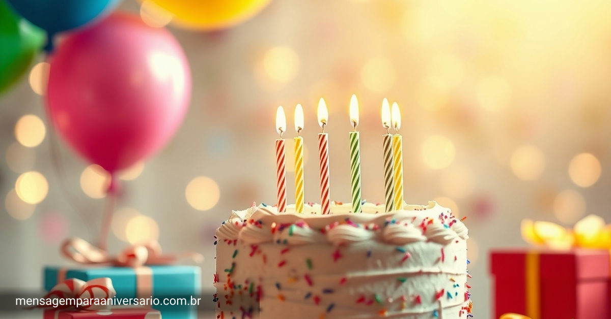 Cena festiva de aniversário com bolo, velas, balões, confete e presentes