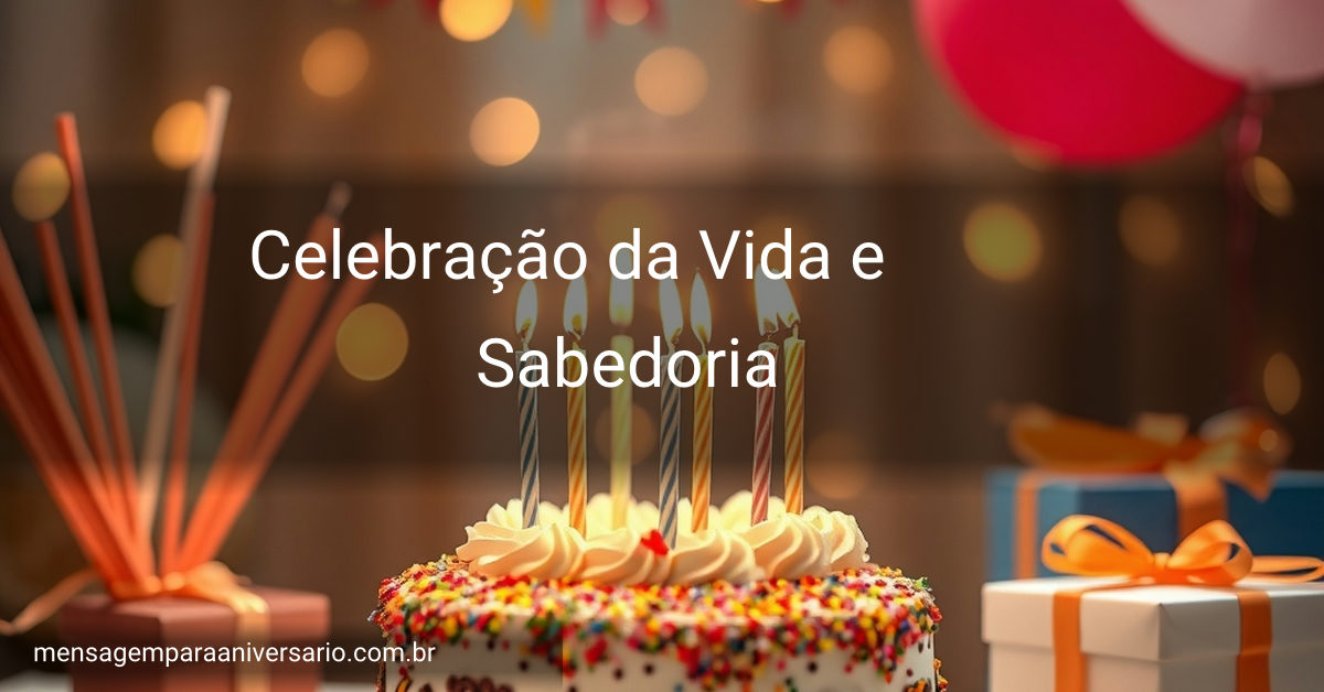Cena festiva de aniversário com bolo decorado, velas acesas, bandeirinhas de oração coloridas e um ambiente sereno com luzes suaves.