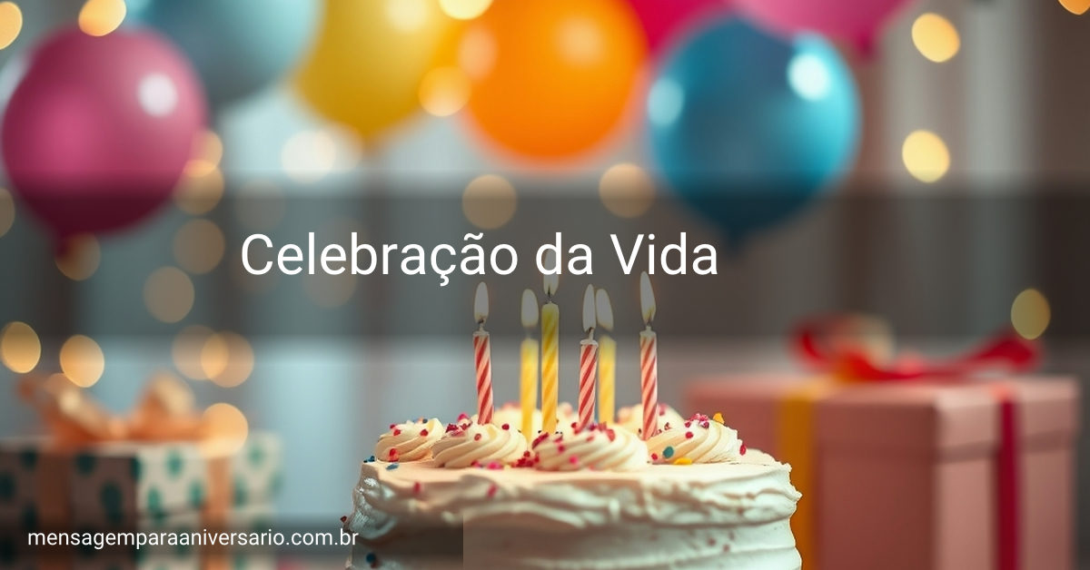 Cena festiva de aniversário com bolo, balões coloridos, confete e luzes brilhantes.