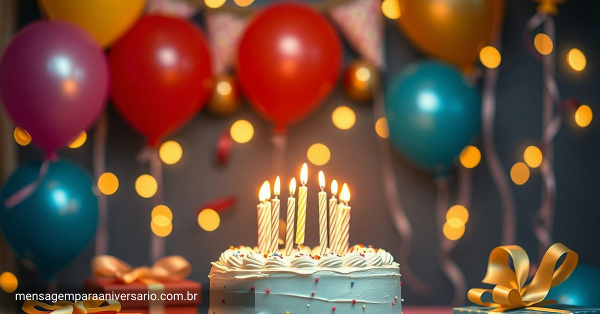 Uma cena festiva de aniversário com bolo decorado, balões coloridos e confetes espalhados.