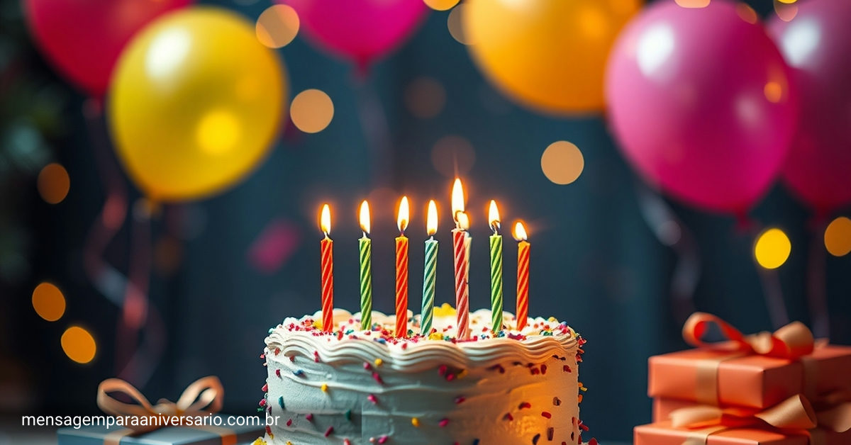 Uma mesa decorada com um bolo de aniversário, velas acesas, balões coloridos, confetes espalhados e presentes ao redor.