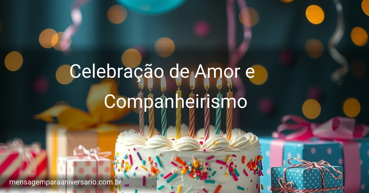 Cena festiva de aniversário com bolo, velas, balões e presentes.